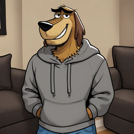 high quality, detailed, source_furry, male, solo male, Dukey, 1boy, broad shoulders, mature male, black eyes, athletic build, animal ears, canine, stubble, anthro, anthro male, tan body, bottom heavy, floppy ears, long snout, light tan underbelly, grinning, looking at viewer, hands in front pocket, gray hoodie, blue jeans, half-body shot, living room, high quality