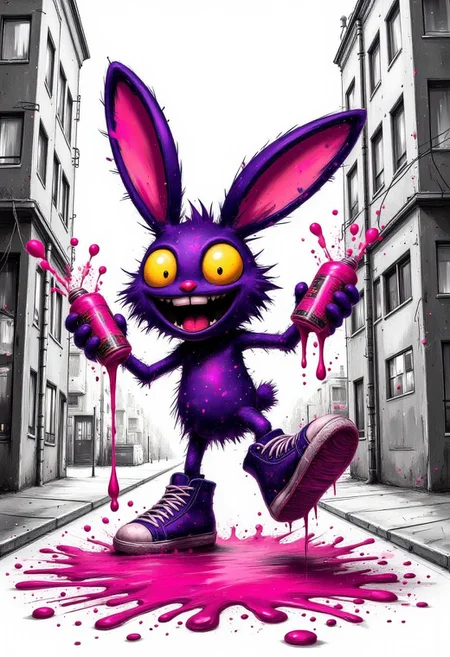 cinna flow, ink splats, A cartoon-style illustration of an evil purple bunny character with yellow eyes, holding pink paint bottles and spilling it onto the ground. The background is black and white sketch of back alley to contrast against his dark color scheme. He has large ears and wears oversized hightop sneakers that match in tone. His expression shows excitement or joy as he splashes vibrant pink liquid. Very detailed, vibrant colors