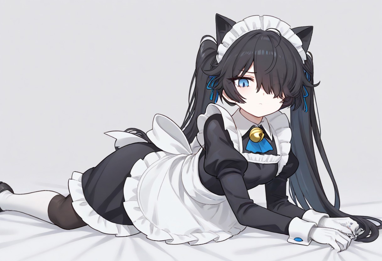 (Maid-kasli), solo, white gloves, dress, hair over one eye, maid apron, blue eyes, twintails, cat ears, maid headdress, maid, gloves, 1girl, apron, juliet sleeves, long sleeves, long hair, black hair, animal ears, bell,(Fall down),