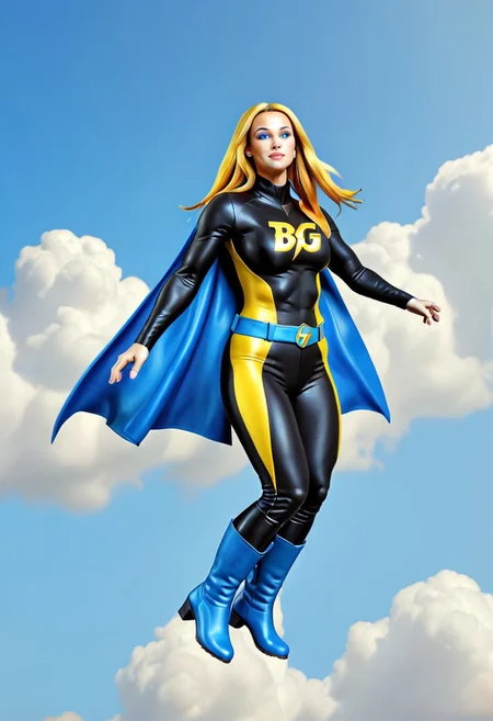 BuzzGirl, wearing black and yellow BGsuit with BGlogo, blue belt, blue boots, blue cape, realistic, masterpiece, flying in the air