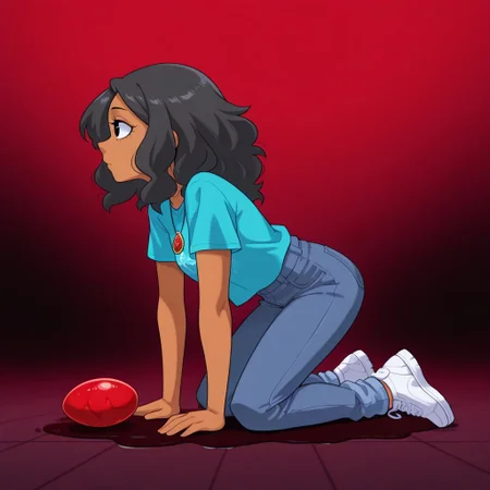 Elena,1girl,white shoes,jeans,aquamarine shirt,tanned skin,black eyes,long black hair
Elena in profile, kneeling on the floor in a puddle. Elena extends her left arm holding a red egg-shaped necklace. Elena cries silently. In the background a red sky with a black sun.
