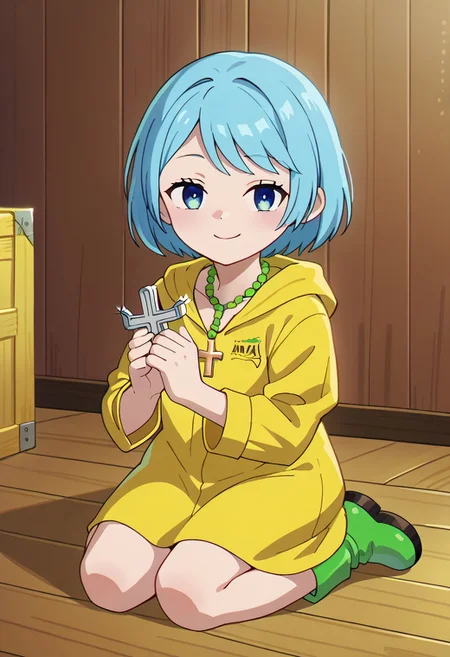 score_9, score_8_up, score_7_up, BREAK
highres, highly detailed, high resolution, high quality,
source_anime, anime screencap, saturation, vivid colors,
1girl, solo, luce, full body,
light blue hair, big dark blue eyes, short hair, cute,
(long yellow raincoat:1.1), green rubber boots,
cross necklace,
squinting eyes, half-closed eyes, smile, naughty face, closed mouth, looking at viewer,
a girl holding a crucifix in her one hand, on knees, kneeling, sitting, holding, holding cross, offers cross,
jyuzu, holding,
pikaole, cute, bokeh,
room background, wooden chest,
(side view:0.5), (high angle:0.7),