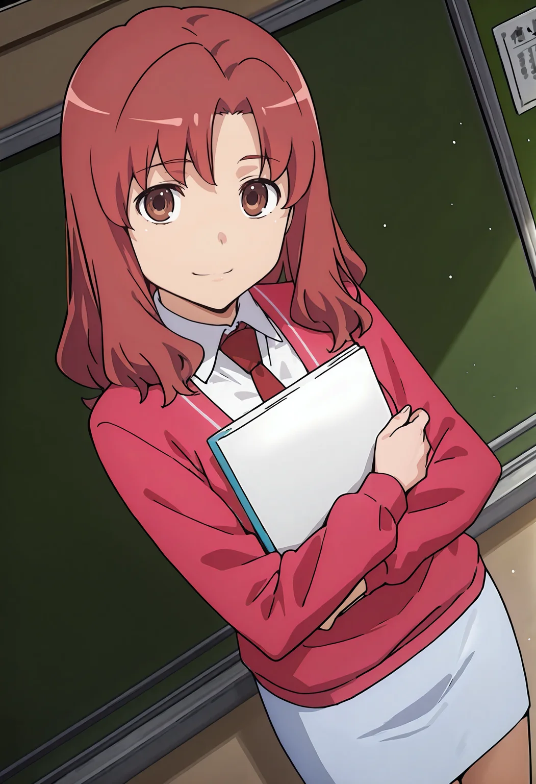 best quality, amazing quality, perfect quality, high quality, masterpiece, absolutely eye-catching BREAK
<lora:Toradora_-_Yuri_Koigakubo:1> ToradoraYuri, brown eyes, red hair, long hair, parted bangs, small breasts BREAK
red sweater, long sleeves, white shirt, red necktie, white pencil skirt BREAK
indoors, classroom, chalkboard, window, light particles BREAK
1girl, solo, holding paper, hugging book. head tilt, light smile, looking at viewer, cowboy shot, dutch angle, from above