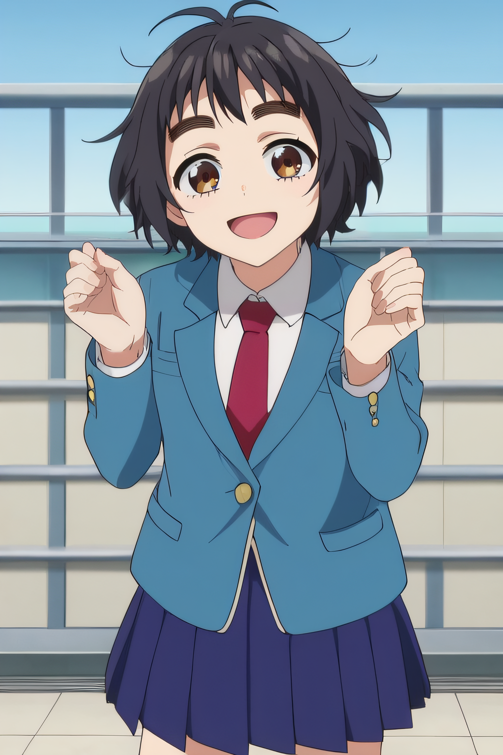 score_9, score_8_up, score_7_up, source_anime, rating_safe, intricate details, anime screencap, official style, 1girl, <lora:Suzumi_Hiyori:1>, hiyori, black hair, messy hair, brown eyes, thick eyebrows, school uniform, pleated skirt, blue skirt, black kneehighs, light blue blazer, red necktie, smile, looking at viewer, standing, cowboy shot, outdoor, open mouth, hands up, five fingers