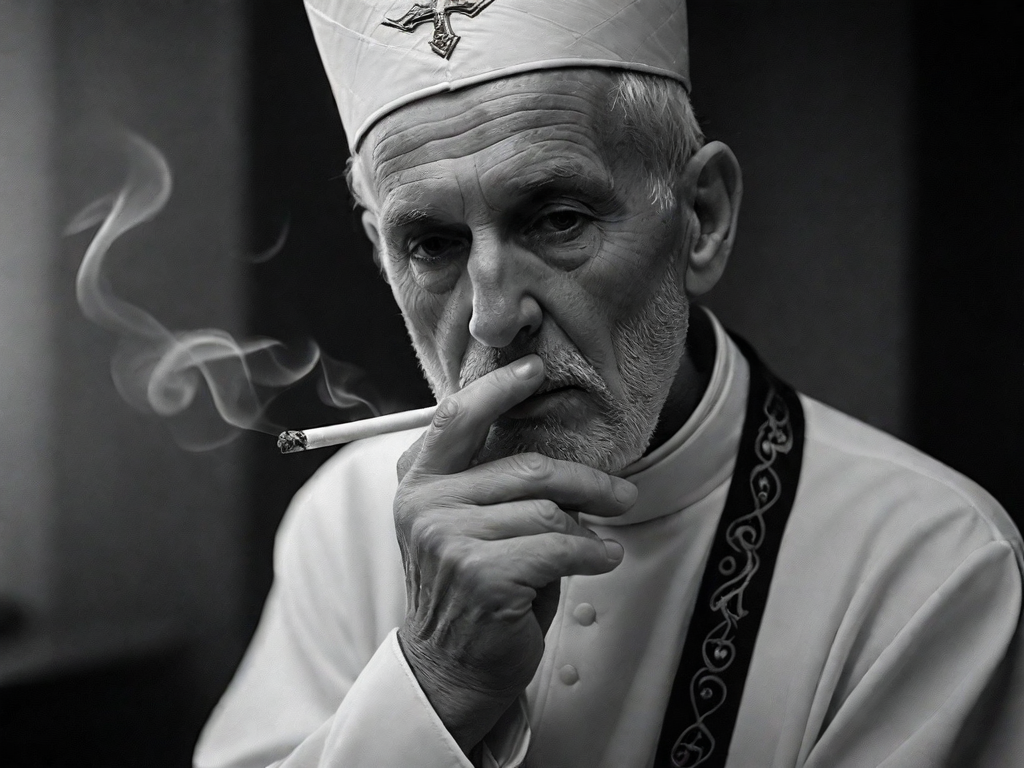 this black and white photo was shot on Kodak Tri-X 400 monochrome film with a Nikon F2 SLR camera and a Nikkor f/1.4 50mm lens, aperture f/1.4, shutter speed 1/60s, ISO 400. In a dimly lit confessional, an old priest with hat is depicted with a lustful expression as he sensually draws on his cigarette, the tendrils of smoke swirling and enveloping the room.