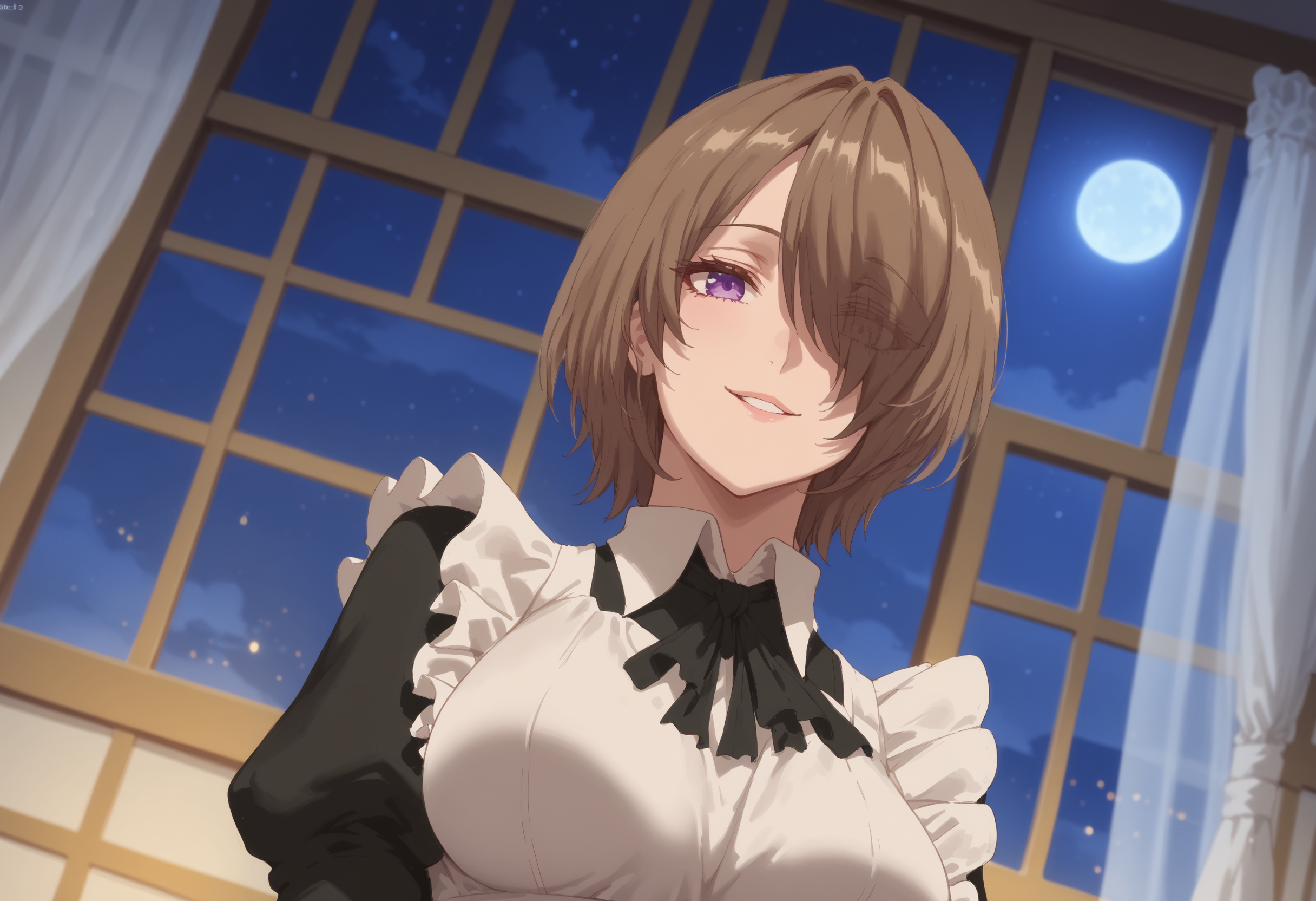score_9, score_8_up, score_7_up, highres, high res image, masterpiece, 1girl, 23yo,mature woman, (solo:1.2), bright colors, detailed face, detailed eyes, anime style, large breasts,
<lora:KaifukuMeido-000002:0.9>, KaifukuMeido, Meido, brown hair, short hair, purple eyes, maid outfit, apron, white maid apron, looking down,gentle smile, closed mouth, large breasts, eyes half open, standing,hair over one eye, (upper body:1.2), (head up:1.3), parted lips, arm up, inside, glass roof window, night,