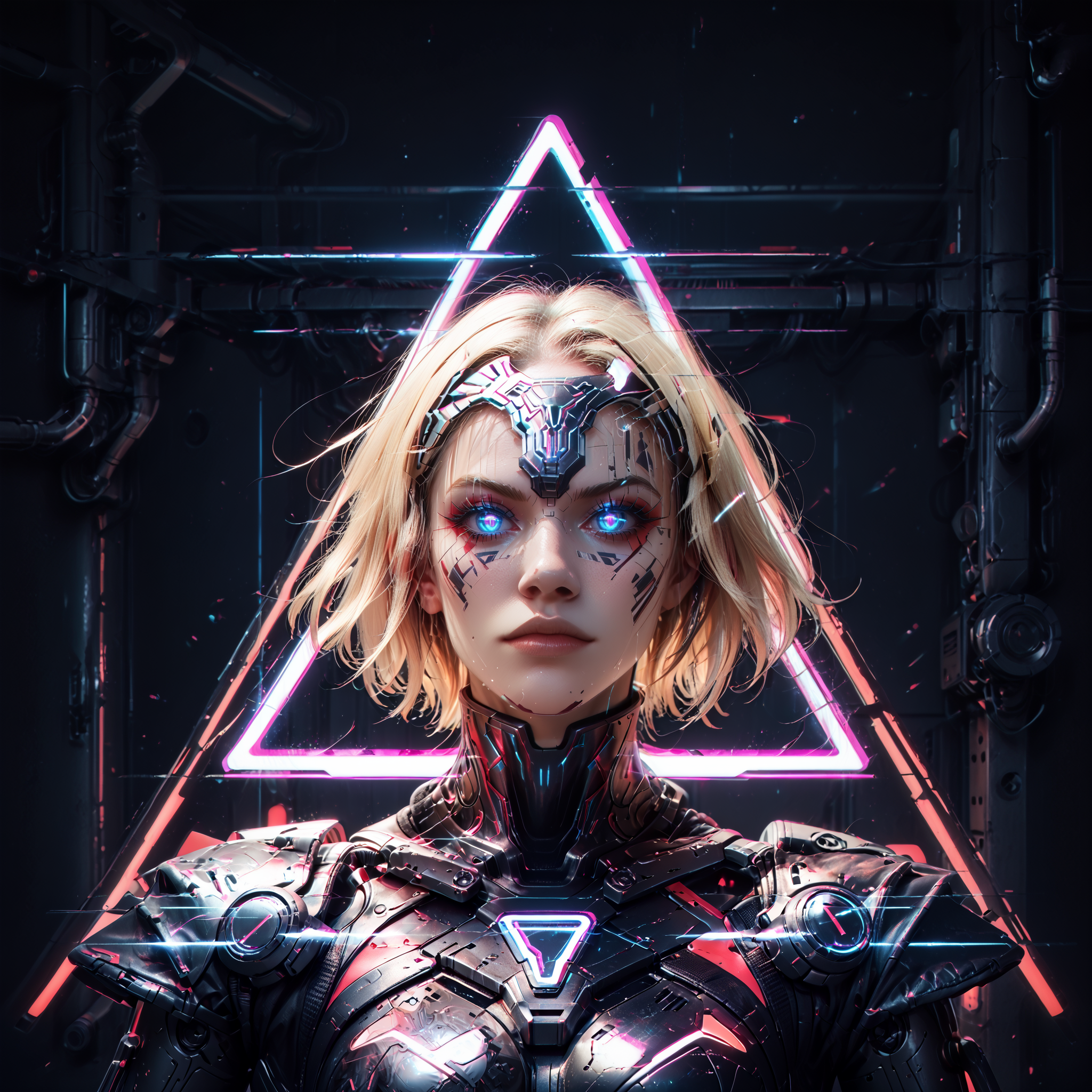 score_9,score_8_up,score_7_up, glitch, d1splaygl1tchl1nes, a glowing (triangle:1.2), (jeanne d'arc alter (lancer) (fate):0.9), cyborg, mecha, breasts, contrapposto, shiny, glamour, makeup, glossy, glowing eyes, anamorphic, science fiction, geometric, cyberpunk style  <lora:Glitch:0.7>  <lora:Display_Glitch_Lines_Effect_PONY_XL_by_UOC:0.7> <lora:futuristic_Concept:0.2> <lora:Cyberpunk_Style:0.2> <lora:TransHumanizm_Concept_PONY_XL_by_UOC:0.4>, (black background:0.8), particles, dust, lines,blonde hair,bangs, headpiece