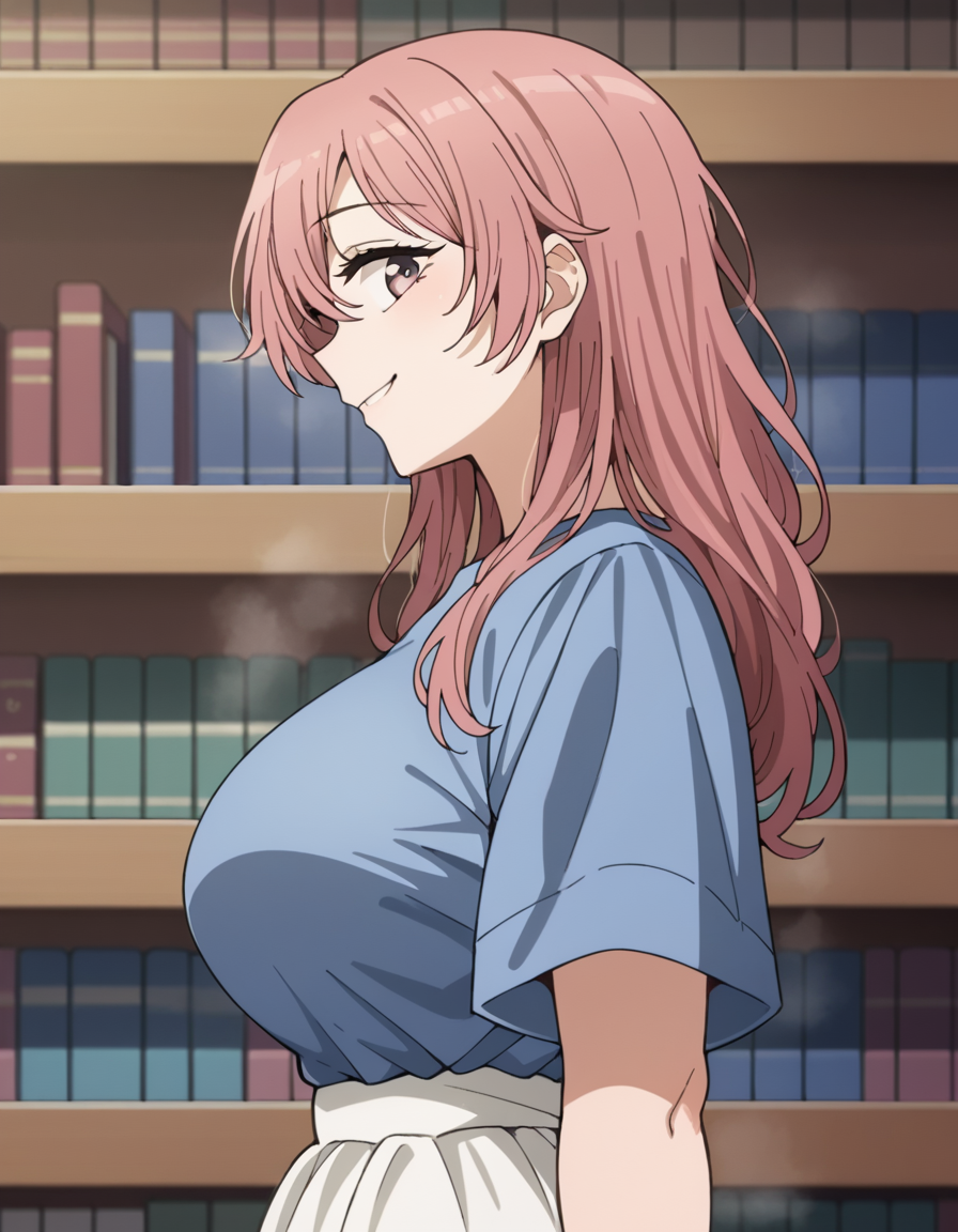 score_9, score_8_up, score_7_up, source_anime, <lora:shinju-inui-s1-ponyxl-lora-nochekaiser:1>, shinju inui, long hair, pink hair, pink eyes, large breasts,, skirt, shirt, short sleeves, white skirt, blue shirt,, bookstore, browsing shelves, new book smell, finding a favorite, quiet atmosphere, smile, looking at viewer, smile, from side, solo,, cowboy shot, dutch angle