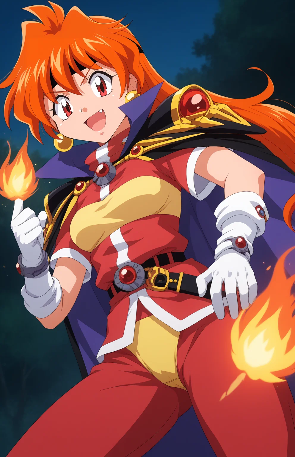 score_9, score_8_up, score_7_up, score_6_up, BREAK, source_anime, rating_explicit, best quality, detailed background,
lina inverse, retro artstyle, 1990s (style), 1girl, orange hair,long hair, BIG EYES, red eyes, fang, earrings, jewelry, WHITE gloves, headband, turtleneck, short sleeves,black shoulder armor, cape, RED pants, belt, (yellow underwear on pants), <lora:Lina_Inverse_Culty_PONYXL_r1:1> open mouth, smug, shouting, fighting stance, fEMALE FOCUS, DUTCH ANGLE, fire, outdoors, night, forest, casting spell, (fireball), medium breasts,
