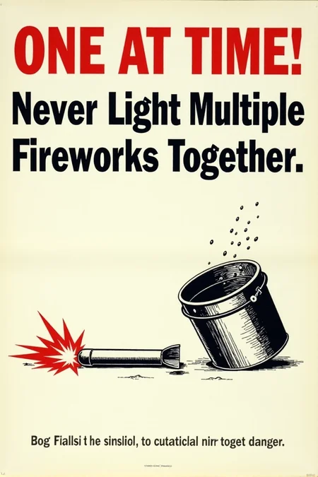 A vintage poster with a clear, simple illustration of a firework rocket lying horizontally on the ground next to a tipped-over bucket of water. Flames are subtly depicted near the rocket. Bold, black text on a white background warns: "ONE AT A TIME! Never Light Multiple Fireworks Together." Emphasize the potential for chaos and danger with multiple ignitions.  <lora:REMEs_War_Poster_Style:0.95> In REME's War Poster Style,âââ