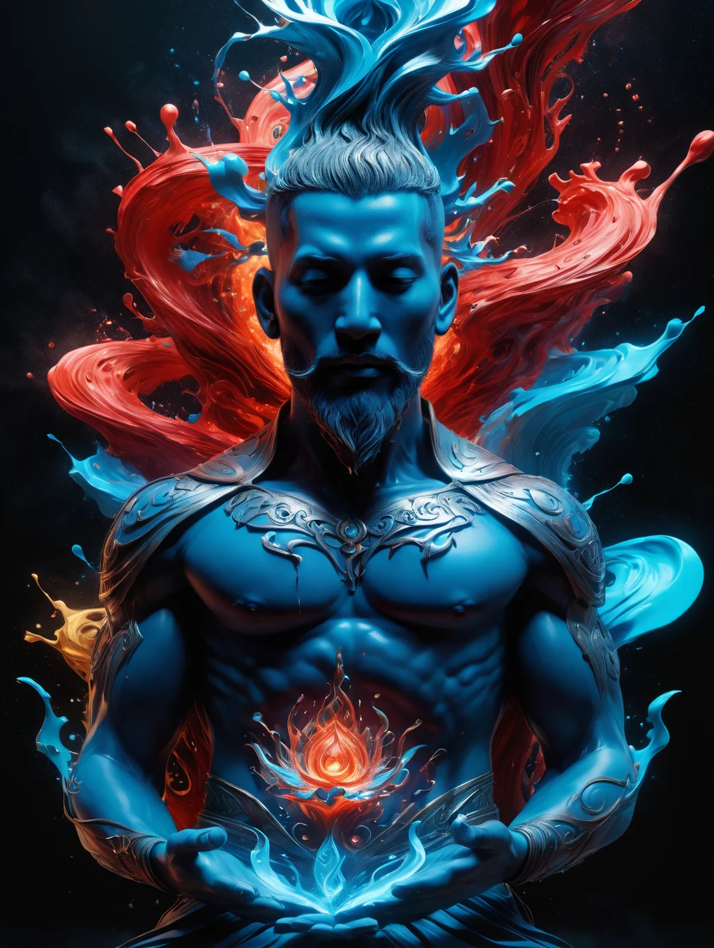 meditating monk,made of marine blue and red paint:1.1),paint aura and particles,best quality, 8k uhd, soft lighting, 8k uhd, soft lighting, RAW photo, intricate details,official art, extremely detailed CG, unity 8k wallpaper, ultra detailed,elemental ,Trending on deviantart and artstation,epic,official art,awardwinning,epic,light art, paintmgc,<lora:paintmgc:0.8>,cinematic,glowing eyes