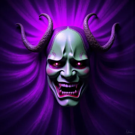 high definition digital illustration depicting a cursed hannya mask radiating an eerie purple aura, curving horns and fangs, faded green mask