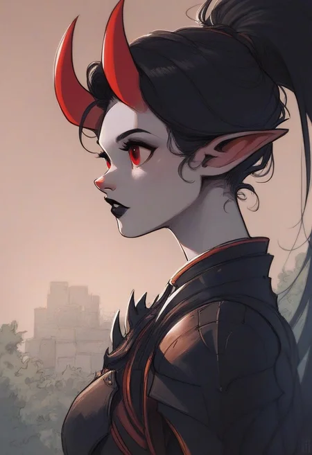 score_9, score_8_up, score_8, female, cel-shading, backlit, delicate features, cute face, outdoors, rimlight, solo, 1girl, demon girl, horns, black hair, ponytail, black lipstick, pale skin, grey skin, pointy ears, red eyes, red nose, long nails, black nails, black cape, armor, slim fit, looking away, parted lips,techwear, joy,
