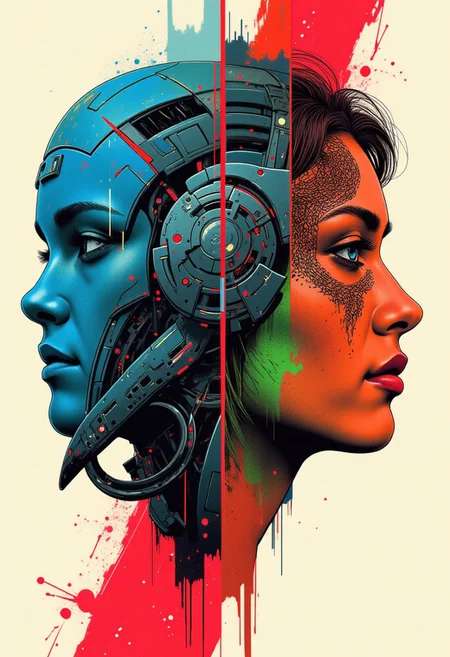 A triptych graphic illustration split into three equal geometric-shaped panels. Geometric asymmetrical division of a three-part artwork that fluidly showcases three unique fictitious characters: a mech pilot, a rogue, and a dragon monster. The mech pilot panel features a proud pilot in a sleek, blue exosuit with glowing blue theme. The rogue panel features a lithe figure clad in shadowy leather armor, with sharp features and piercing green theme. The dragon monster panel features an evil monster with scales and a deep red theme. An overall grunge, neo-seventies story arc with muted colors represents each character's lore and identity.
<lora:Glitchcore_Flux:0.4> gl1tchc0re <lora:Darkcore:0.4> darkcore <lora:Poisoncore Flux:0.4> poisoncore