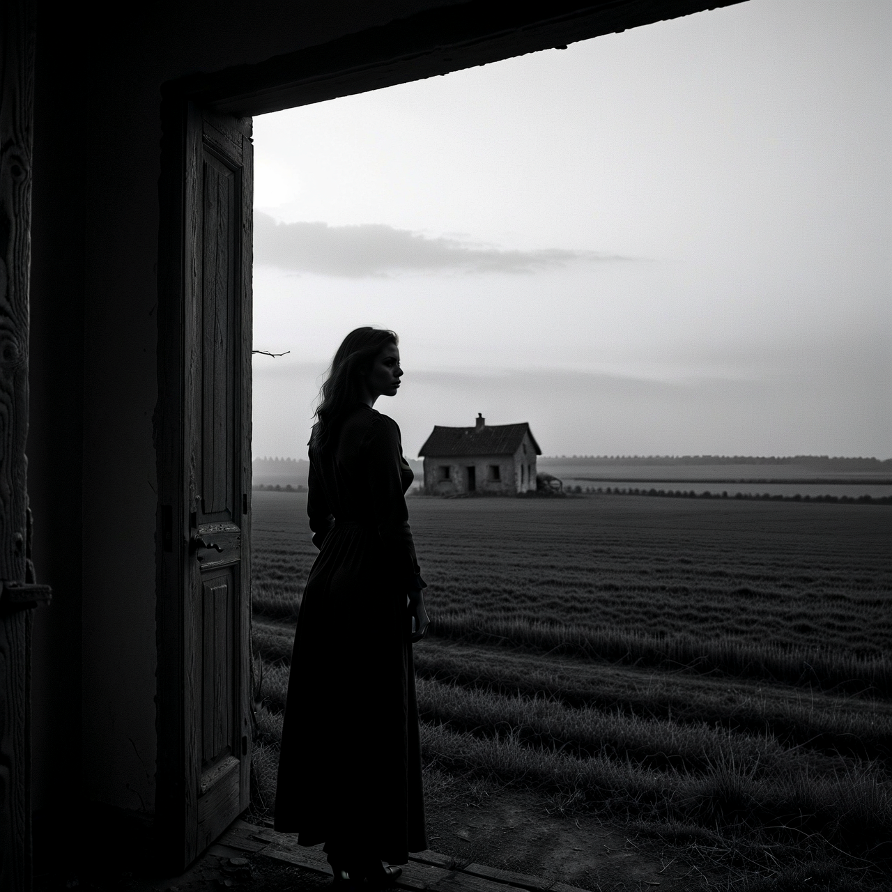 Moody monochrome photo.

A hauntingly beautiful woman, standing in the doorway of the farmhouse, looking across the fields.

<lora:MoodyMono01_CE_XL_200-OT:0.4> mdymnoCE_style