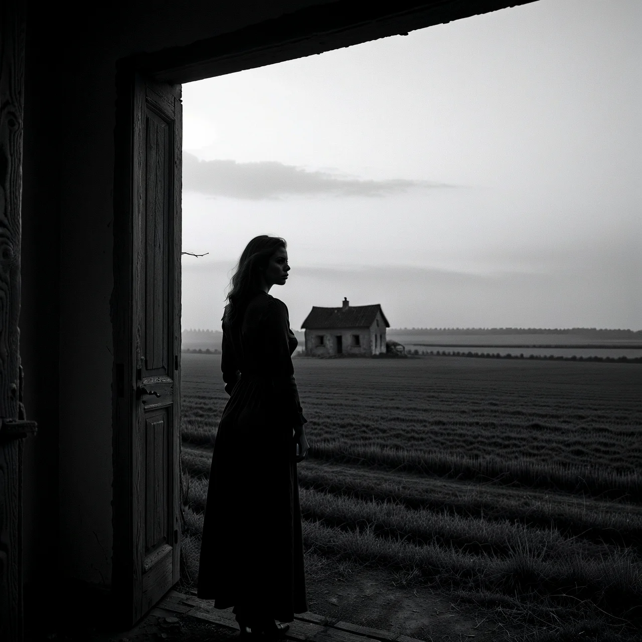 Moody monochrome photo.

A hauntingly beautiful woman, standing in the doorway of the farmhouse, looking across the fields.

<lora:MoodyMono01_CE_XL_200-OT:0.4> mdymnoCE_style
