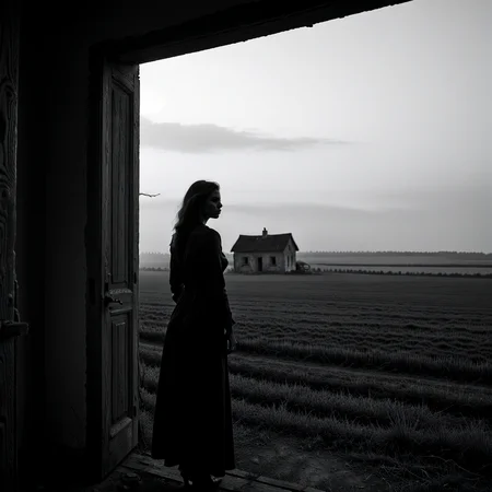 Moody monochrome photo.
A hauntingly beautiful woman, standing in the doorway of the farmhouse, looking across the fields.
<lora:MoodyMono01_CE_XL_200-OT:0.4> mdymnoCE_style