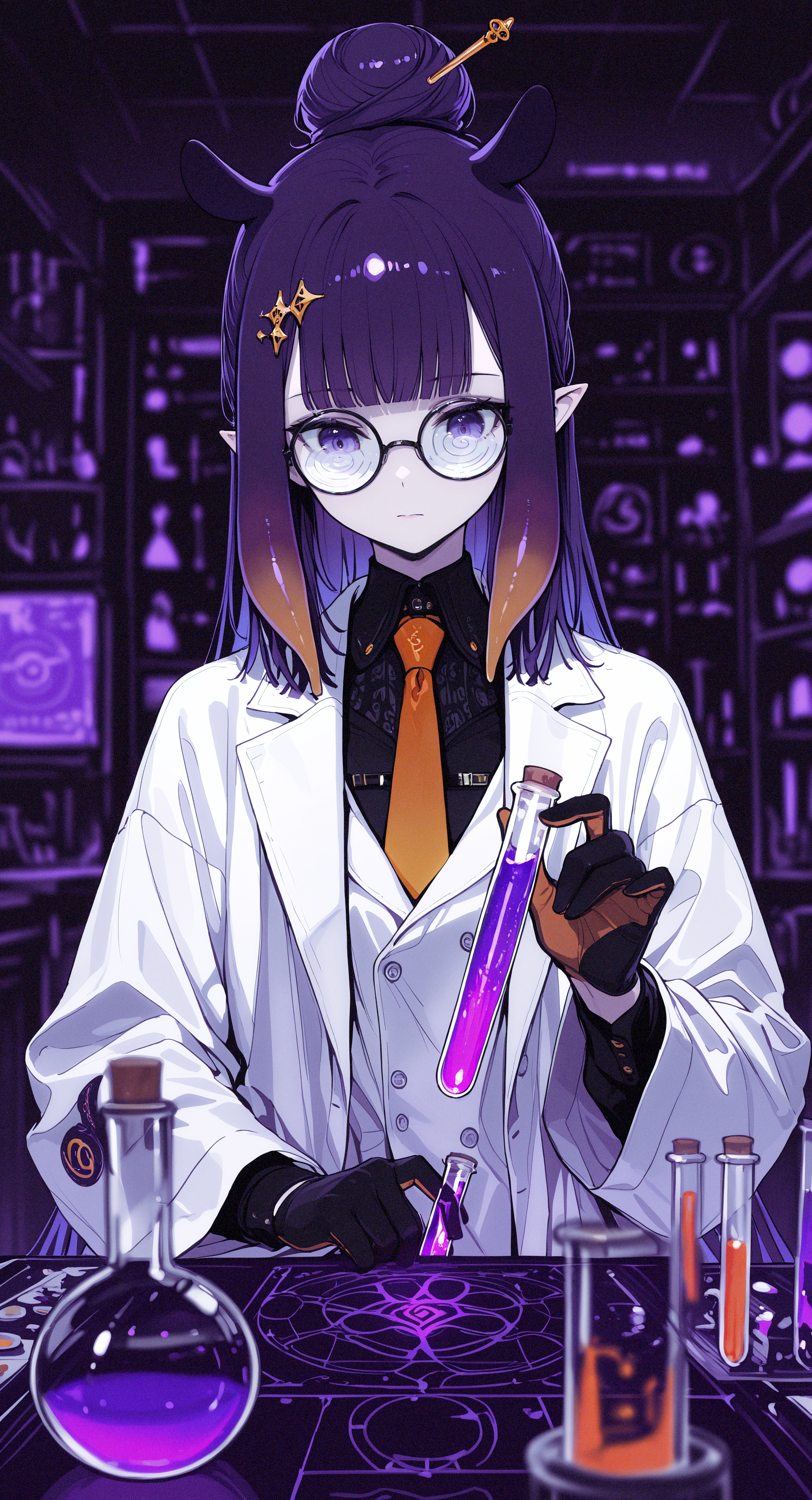 masterpiece, best quality, good quality, very awa, newest, highres, absurdres,  ninomae ina'nis, 1girl, solo, long hair, shirt, long sleeves, hair ornament, gloves, holding, closed mouth, purple eyes, upper body, purple hair, multicolored hair, sidelocks, necktie, black gloves, alternate costume, glasses, pointy ears, virtual youtuber, indoors, blunt bangs, hair bun, orange hair, blurry, gradient hair, blurry background, depth of field, single hair bun, goggles, black-framed eyewear, round eyewear, blurry foreground, white coat, tentacle hair, lab coat, yellow necktie, test tube, orange necktie, flask, coke-bottle glasses, holding test tube, limited palette, <lora:illustriousXL_stabilizer_v1.23:0.3> <lora:NOOB_vp1_detailer_by_volnovik_v1:0.3> <lora:ponyv6_noobE11_2_adamW-000017:0.3> <lora:114558v4df2fsdf5:0.6> <lora:XXX667:0.4> <lora:mon_monmon2133:0.5>