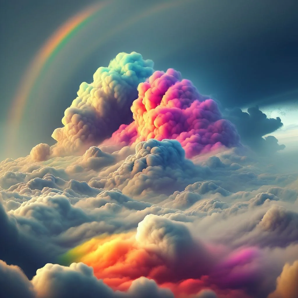create a crazy wind storm with different colors of wind creating a rainbow maelstorm clouds