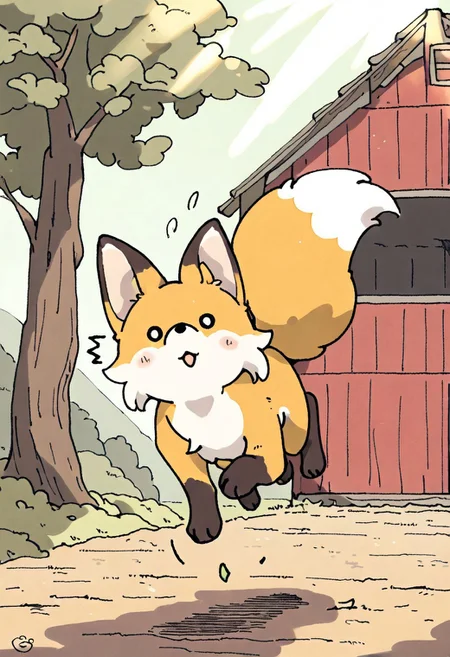 (masterpiece, best quality, high quality, highres), very awa, highres, absurdres,
chii-kun \(seedyoulater\), naguru \(cyoroama\), 
(fox:1.2), (no humans:1.1), paws, fur, (cute:1.2), comfy, solo, 
surprised, silly, OO,
running, jumping, barn, tree, day, sunlight, sun rays, beautiful background,
