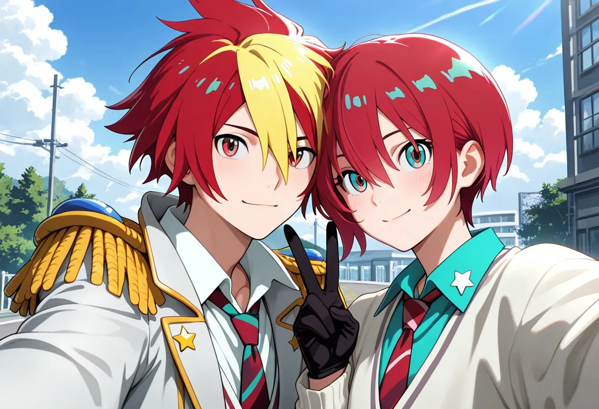 masterpiece, best quality, amazing quality, absurdres, newest, detailed background, definition so sharp, Ultra-HD, 8K cinematic, very awa, impressionate, amazing quality, highres,
duo, couple focus, different high, different size, side by side, v, selfie, upper body, day, blue sky, outdoor,
BREAK
1boy, kagayakibishounen, takuto_red eyes, takuto,red hair, short hair, takuto_gingabishounen, two-toned hair, dyed bangs, coat, ascot, epaulettes, aiguilette, star (symbol), gloves, white shirt,
BREAK
1girl, amate yuzuriha,aqua shirt,striped necktie,white sweater,