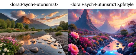 outdoors scenery, with clouds in the sky, a river, trees, flowers, rocks, at sunset, with a mountain in the background, a reflection of nature <lora:Psych-Futurism:0>