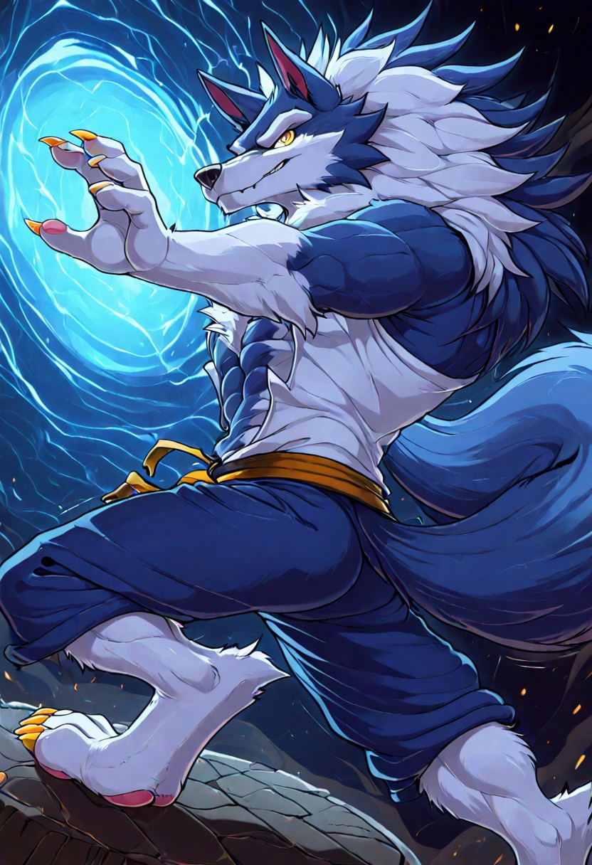 Canine paws, 4toes, claws, detailed paws, [color] paws,  Furry Cyberpunk, Fursuit, Martial Art Magic, Jon Talbain, Magnificent picture of perfect anatomy, furry, male, Wolf, fluffy fur, fluffy, furry body, Yellow Eyes, Black pupils, Animal ears, Wolf Ears, black tip ears, ((Blue Body Fur)), Fluffy tail, wolf Tail, ((Blue Tail Fur)), ((White tip Tail)), midnight_lycanroc head, multicolor hair, long hair, Blue hair, long fluffy mohawk hair, (long peak finish:1.3), (Aqua peak finish:1.3), ((Navy Blue Highlights)), white Muzzle, white forearms, ((Black stripes:1.5)), ((arms stripes:1.5)), ((legs stripes:1.5)), Whiskers, perfect Hands, ((animal feet)), ((white Toes, 4 toes)), ((white Soles)), ((Pink paws)), (Sharp claws:1.3) ((yellow claws:1.2)), ((White torso)), Well-proportioned body, Thick Black eyebrows, well-toned, masterpiece, best quality, perfect anatomy, hi res, shaggy, Adult Male, Ultra-clear, 64K, cute_fangs, Beautiful and attractive wolf,