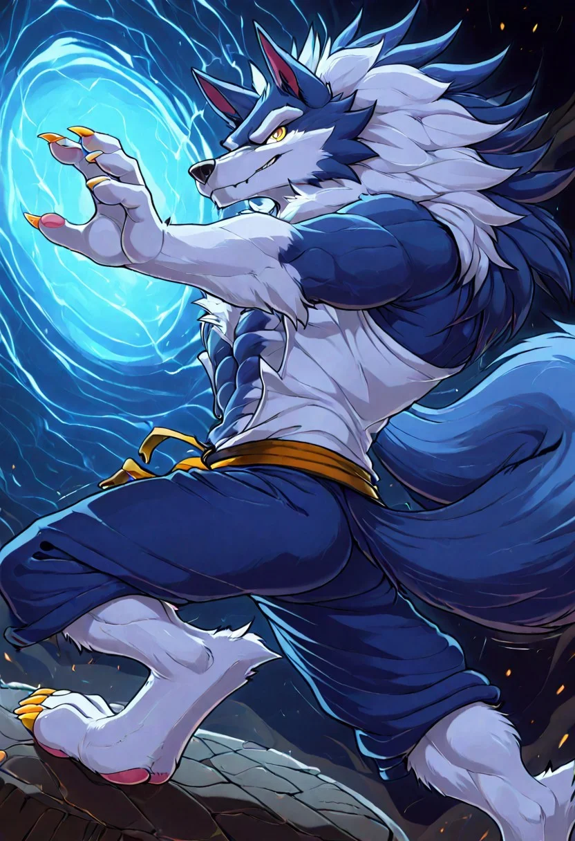 Canine paws, 4toes, claws, detailed paws, [color] paws,  Furry Cyberpunk, Fursuit, Martial Art Magic, Jon Talbain, Magnificent picture of perfect anatomy, furry, male, Wolf, fluffy fur, fluffy, furry body, Yellow Eyes, Black pupils, Animal ears, Wolf Ears, black tip ears, ((Blue Body Fur)), Fluffy tail, wolf Tail, ((Blue Tail Fur)), ((White tip Tail)), midnight_lycanroc head, multicolor hair, long hair, Blue hair, long fluffy mohawk hair, (long peak finish:1.3), (Aqua peak finish:1.3), ((Navy Blue Highlights)), white Muzzle, white forearms, ((Black stripes:1.5)), ((arms stripes:1.5)), ((legs stripes:1.5)), Whiskers, perfect Hands, ((animal feet)), ((white Toes, 4 toes)), ((white Soles)), ((Pink paws)), (Sharp claws:1.3) ((yellow claws:1.2)), ((White torso)), Well-proportioned body, Thick Black eyebrows, well-toned, masterpiece, best quality, perfect anatomy, hi res, shaggy, Adult Male, Ultra-clear, 64K, cute_fangs, Beautiful and attractive wolf,