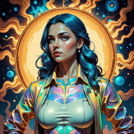 A dynamic young woman named Clra with long, wavy, dark-blue hair stands confidently in a vibrant, futuristic setting. Her light-peach complexion complements her full lips and expressive eyes, which gaze slightly to her right, exuding a thoughtful yet confident demeanor. Her attire blends contemporary and futuristic elements: a form-fitting, pastel-white leotard accentuated by an iridescent, holographic multicolored jacket. The jacket shimmers with a mesmerizing blend of blues, purples, greens, and pinks, creating a captivating visual effect. Small, detailed metallic earrings add a subtle touch of elegance. The background features swirling, circular patterns in gold and various shades of blue, enhanced by shimmering metallic structures that evoke a surreal, cyberpunk atmosphere. The dramatic lighting highlights her features and the iridescent quality of her clothing, while the mid-range perspective captures her dynamic pose within a carefully balanced composition. The circular golden and blue patterns frame her as the focal point against an abstract, boundless space. The overall mood is captivating, sophisticated, and futuristic, blending fashion design and art with a sense of wonder and boundless energy.