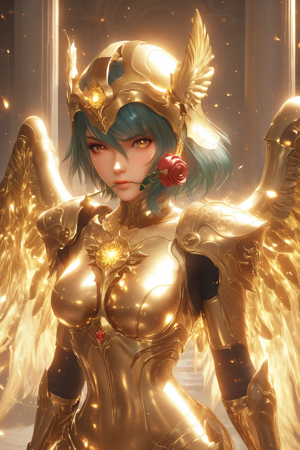 score_9,score_8,score_7_up,masterpiece, best quality, perfect anatomy, very aesthetic,
tamaki \(doa\), 1girl, solo, looking at viewer, closed mouth, medium hair, hair between eyes, asymmetrical bangs, ahoge, mole, mole under eye,((holding golden helmet)),winged_helmet,fire in eyes,eye shadow,eyeliner,rose in mouth, red rose in mouth,scowl,
gold bodysuit,skin tight,freckles,latex,glowing,holy armor, gold light,gold holy armor, fantasy,glowing,golden wings,
greek mythology,greek temple,temple column,burning cosmos,
<lora:roseinmouth_Illust_v1:0.8> <lora:holy-armor-01:0.8> <lora:doa_tamaki_pdxl_v10:0.8>