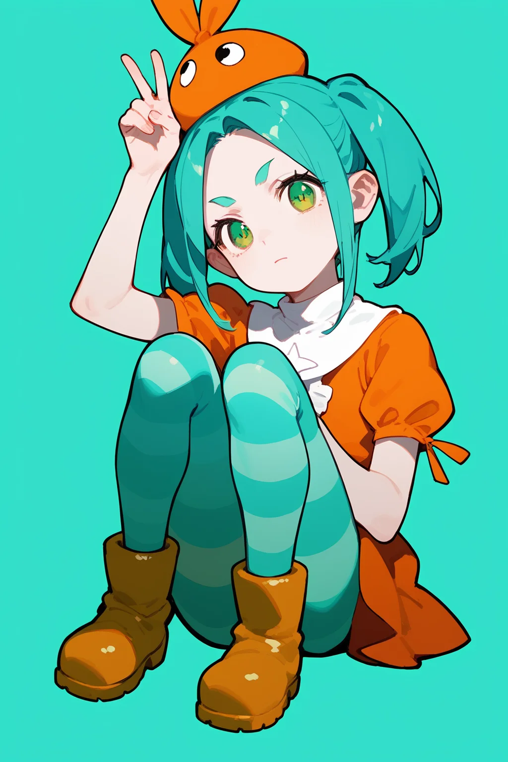 (score_9,score_8_up,score_7_up,),<lora:funaimu:1>,1girl,striped,striped pantyhose,green eyes,twintails,aqua hair,hat,short hair,rubber boots,simple background,v,orange dress,