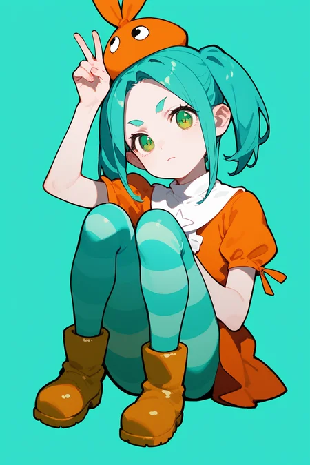 (score_9,score_8_up,score_7_up,),<lora:funaimu:1>,1girl,striped,striped pantyhose,green eyes,twintails,aqua hair,hat,short hair,rubber boots,simple background,v,orange dress,