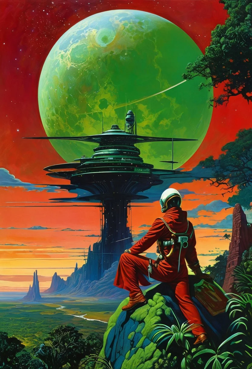 • A jungle of stars, in the style of vintage science fiction book covers, red landscape.