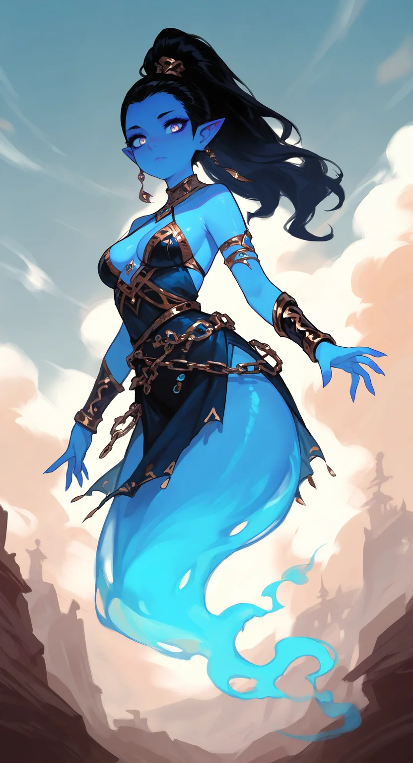 masterpiece, best quality, good quality, very aesthetic, absurdres, newest, 1girl, solo, long hair, black hair, cleavage, jewelry, bare shoulders, medium breasts, ponytail, earrings, pointy ears, cloud, colored skin, chain, armlet, floating, blue skin, bracer, hair pulled back, (ghost tail), looking_at_viewer <lora:ponyv5_noobV065S_1_adamW-000013:0.7> <lora:USNR_STYLE_XL_lokr:0.6>