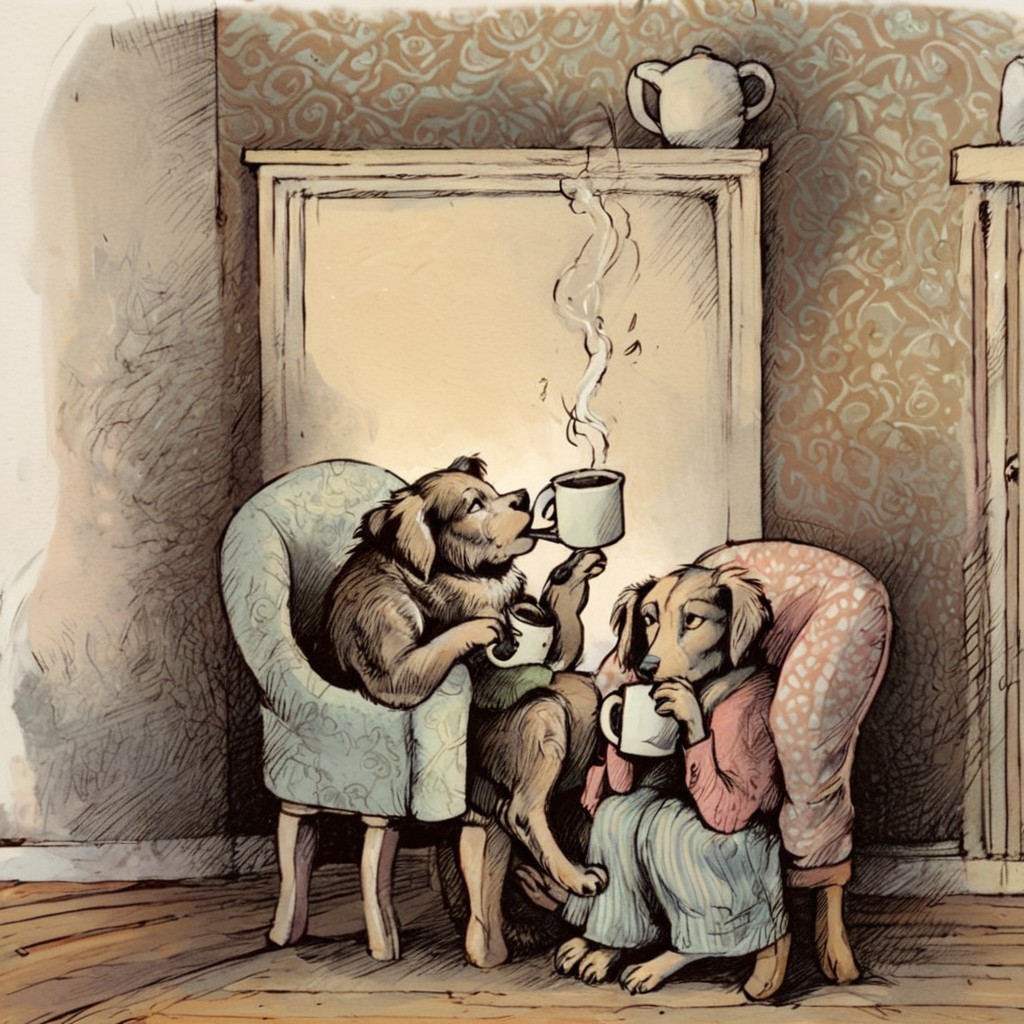 score_9, score_8_up, score_7_up, a dog drinking coffee, seated, indoors, wallpaper, by Arnold Lobel