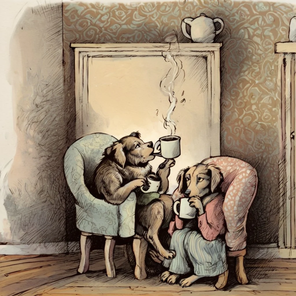 score_9, score_8_up, score_7_up, a dog drinking coffee, seated, indoors, wallpaper, by Arnold Lobel