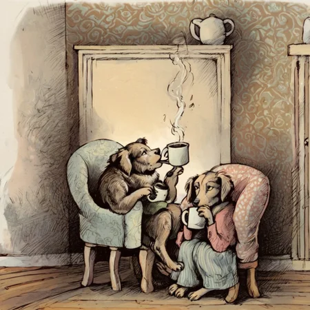 score_9, score_8_up, score_7_up, a dog drinking coffee, seated, indoors, wallpaper, by Arnold Lobel