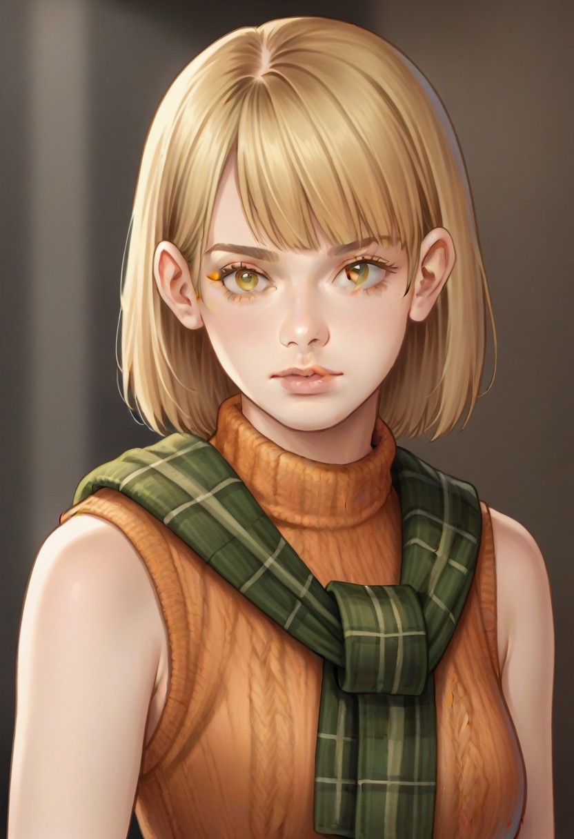 <lora:ashleygraham:0.9>, ashleygraham, photorealism, 1girl,solo,blonde hair,bob cut,bangs, golden eyes,orange turtleneck,sleeveless,brown sweater over shoulder,,green plaid skirt,brown belt, ,,,