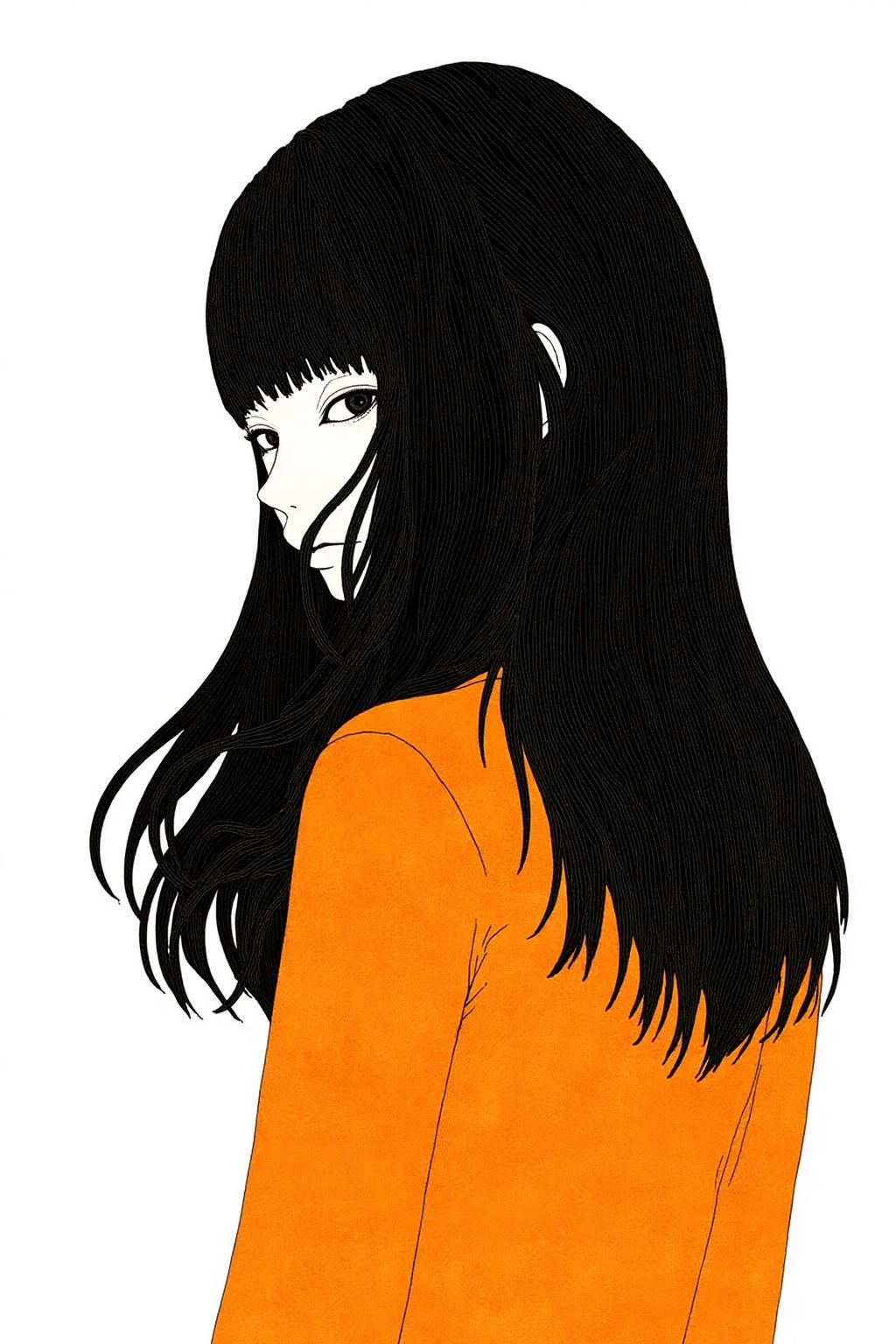 kchiba1 illustration.
Portrait of a young woman with long, flowing black straight hair that covers part of her face and cascades down her back. She wears a bright orange, long-sleeved top, She is turning her head slightly and her ear is visible through her hair.
<lora:kchiba1_cap_d6a3:1.0><lora:837664389898227773:0>