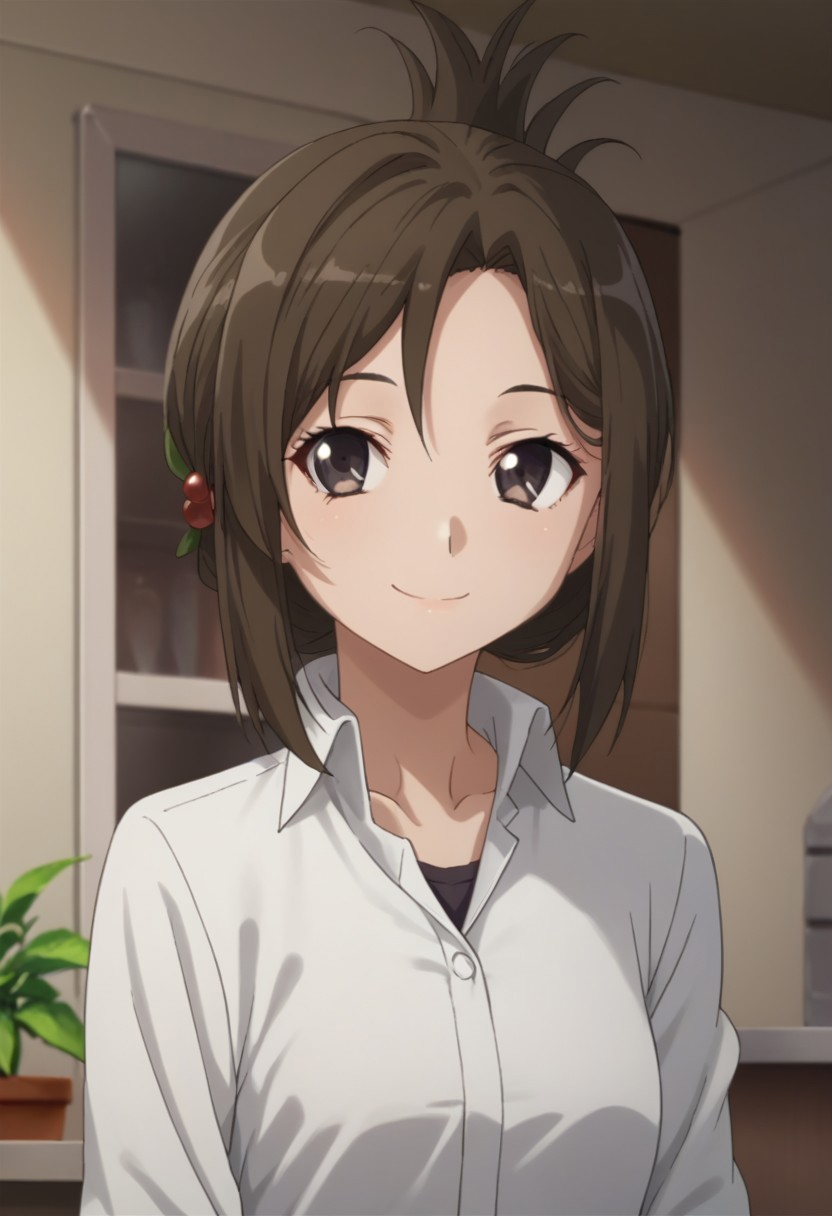 score_9, score_8_up, score_7_up, source_anime, highly detailed, 
YorikoYasaka, 1girl, solo, hair ornament, brown hair, brown eyes, shirt, folded ponytail, white shirt, pencil skirt, upper body,
indoor, house, japan, smile