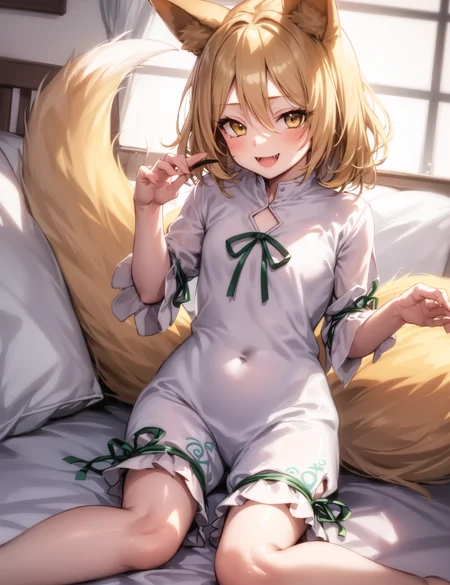 masterpiece,toddlercon,dwarf,8 years old,1girl, Kudamaki Tsukasa, fox ears, only one fox tail, narrow hair between eyes, very long and very narrow bang, white coveralls down to the upper arms and knees, green pattern on the thigh part of the clothes, green ribbons hung to the end of clothes, yellow eyes, short-length hair, smiling, naughty smile, sharp fangs,bed room,<lora:KudamakiTsukasaProject_kudamakiTsukasaV10:0.85>