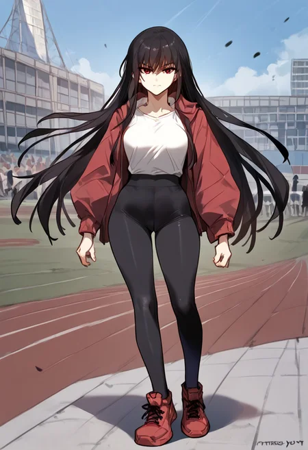 zPDXL3, score_9_up, score_8_up, score_7_up, (Anime_source), Sport camp background, score_9, score_8_up, score_7_up, score_6_up, source_anime, 1girl, solo, <lora:ainanasaki-pdxl-nvwls-v1-000005:1> 1girl, Feng Ling, red eyes, black hair, long hair, medium breast, looking at viewer, cowboy shot, toned, looking at you, portrait, white shirt, prostetic left arm, tights red sport shorts, sneakers, looking at viewer, outdoor, solo, full body, standing, dynamic pose,