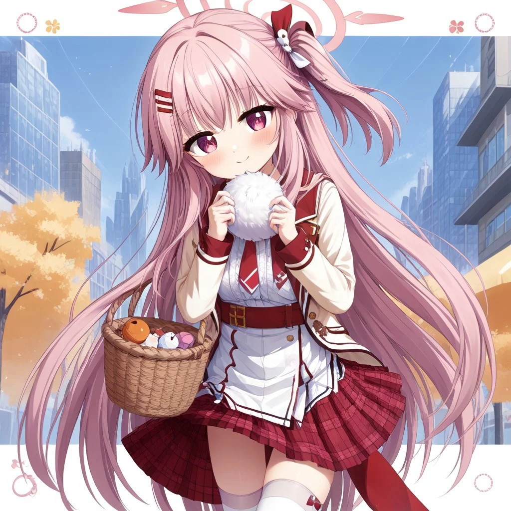 Best quality, ultra HD,source_anime, morizuki suzumi (from blue archive),1 girl, very cute,long pinkhair,side tail hair, basket ball outfit,pleated short skirt, stripped white Thigh high sock, relaxed face,flat expresion , holding white riffle,:o,city distric background