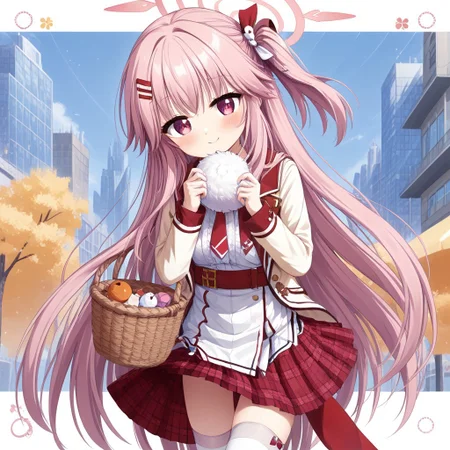 Best quality, ultra HD,source_anime, morizuki suzumi (from blue archive),1 girl, very cute,long pinkhair,side tail hair, basket ball outfit,pleated short skirt, stripped white Thigh high sock, relaxed face,flat expresion , holding white riffle,:o,city distric background