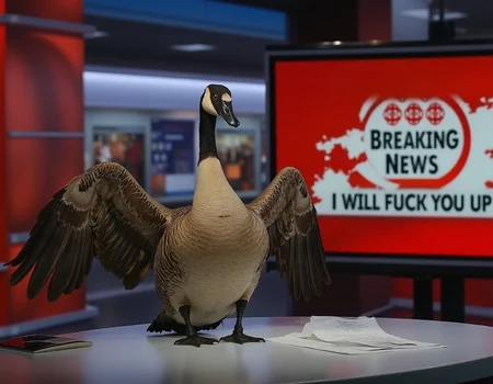 a realistic brown canadian goose on a news counter in a CBC Newsroom reading the latest headlines. The TV overlay says "CBC BREAKING NEWS" with the headline "I WILL FUCK YOU UP". <lora:Concept_morse-BBCNewsroom-FLUX:1>. The canadian goose has it's wings spread wide