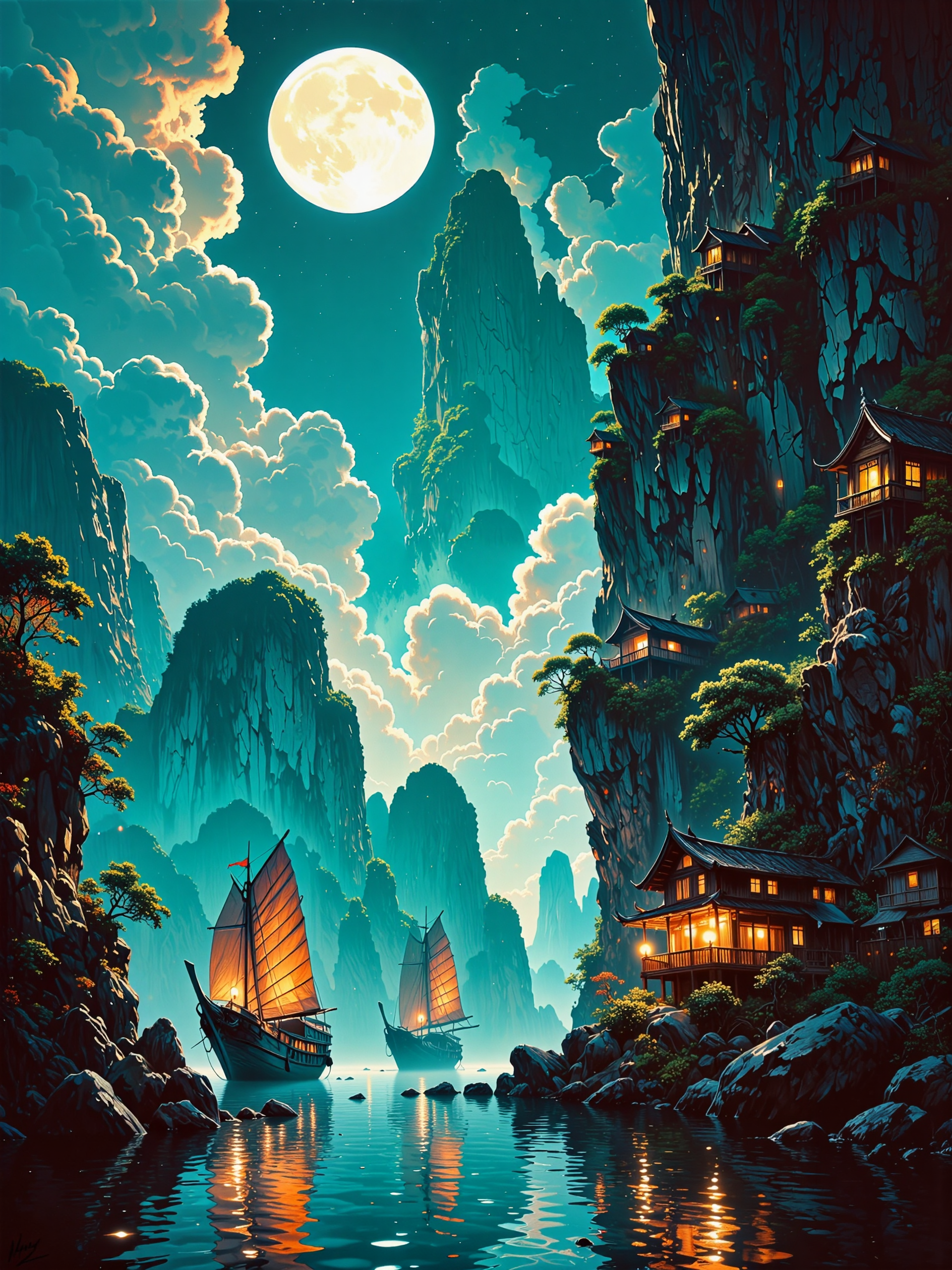 famous artwork, masterful painting, oil on canvas, traditional media, epic scenery, rule of thirds, breathtaking nocturnal scenery, masterful attention to light and atmospheric perspective, luminous and romantic, sweeping composition, sublime beauty, ha long bay, vietnam, in the dim and diffused light of the moon half obscured by dramatic clouds, towering limestone karsts rise like ancient monoliths from the bay, their rugged surfaces partially veiled in a mist haze, the deep blues of the night sky blend seamlessly with the darkness of the distant horizon, scattered stars above, wisps of ethereal clouds drifting across the sky, their edges softly glowing from the hidden moonlight. a few traditional wooden junks with their sails iluminated in warm light by small deck lanterns float silently on the mirror-like water, the boats reflections elongated and distorted by the gentle movement of the water, lush vegetation clings to the limestone pillars. in the distance, a few scattered junks with dimly glowing lanterns navigate between the towering rock formations, their warm light barely piercing the vast, moonlit expanse, the grandeur of the scene heightened by the soft, diffused mist that lingers over the water, deepening the sense of mystery and solitude, towering karsts in the background fade into the distance, their forms growing softer and more indistinct, creating a mesmerizing atmospheric perspective. the waterâs surface is masterfully rendered, capturing the interplay of light and shadow, every ripple carefully depicted, the paintingâs brushwork blending exquisite realism with a dreamlike quality, evoking both serenity and awe, night blue and teal green and ivory white and jet black, ovg, hrscontrast, style of rembrandt, <lora:style-hudson_river_school-flux-by_kornrat:0.52> <lora:style-rembrandt-flux-by_tangbohu:0.44> <lora:faetastic_details-flux-by_faeia:0.8> <lora:image_enhancer-flux-by_dever:0.4>