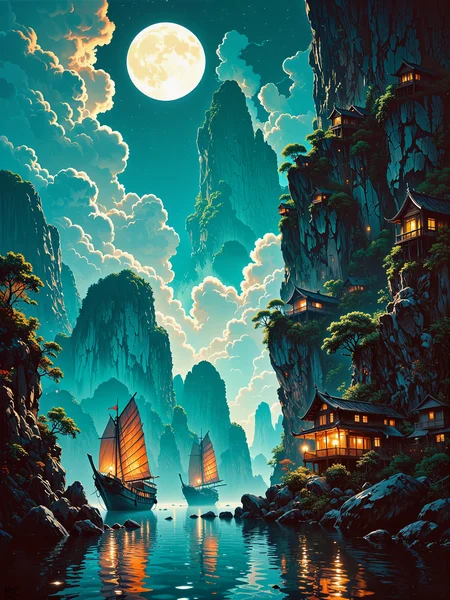 famous artwork, masterful painting, oil on canvas, traditional media, epic scenery, rule of thirds, breathtaking nocturnal scenery, masterful attention to light and atmospheric perspective, luminous and romantic, sweeping composition, sublime beauty, ha long bay, vietnam, in the dim and diffused light of the moon half obscured by dramatic clouds, towering limestone karsts rise like ancient monoliths from the bay, their rugged surfaces partially veiled in a mist haze, the deep blues of the night sky blend seamlessly with the darkness of the distant horizon, scattered stars above, wisps of ethereal clouds drifting across the sky, their edges softly glowing from the hidden moonlight. a few traditional wooden junks with their sails iluminated in warm light by small deck lanterns float silently on the mirror-like water, the boats reflections elongated and distorted by the gentle movement of the water, lush vegetation clings to the limestone pillars. in the distance, a few scattered junks with dimly glowing lanterns navigate between the towering rock formations, their warm light barely piercing the vast, moonlit expanse, the grandeur of the scene heightened by the soft, diffused mist that lingers over the water, deepening the sense of mystery and solitude, towering karsts in the background fade into the distance, their forms growing softer and more indistinct, creating a mesmerizing atmospheric perspective. the waterâs surface is masterfully rendered, capturing the interplay of light and shadow, every ripple carefully depicted, the paintingâs brushwork blending exquisite realism with a dreamlike quality, evoking both serenity and awe, night blue and teal green and ivory white and jet black, ovg, hrscontrast, style of rembrandt, <lora:style-hudson_river_school-flux-by_kornrat:0.52> <lora:style-rembrandt-flux-by_tangbohu:0.44> <lora:faetastic_details-flux-by_faeia:0.8> <lora:image_enhancer-flux-by_dever:0.4>