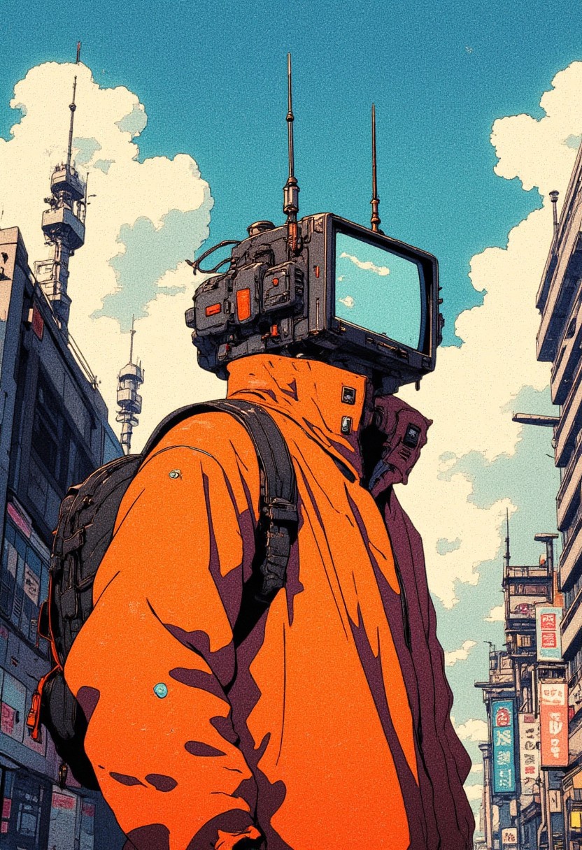 (((futuristic vibe)))
(front side view )The figure of a man with a ((small retro futuristic TV, (with two antennas on the sides))) instead of a head, dressed in a bright orange jacket and with a black backpack, stands against the background of the cityscape. Behind you can see old buildings with antennas, and the sky is decorated with white clouds, creating an atmosphere of a combination of retro and futurism