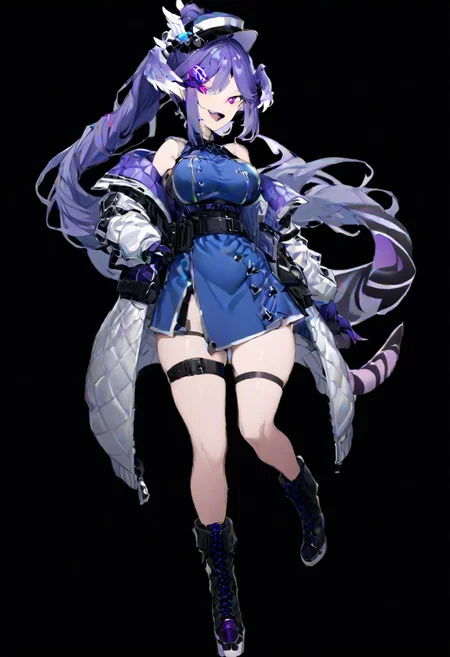 masterpiece, best quality, ultra-detailed, beautiful, nai3, 1girl, solo, full_body, tachi-e,
selen tatsuki, boots, dress, tail, dragon tail, hat, blue dress, official alternate costume, dragon girl, sleeveless, ponytail, belt, smile, gloves, long hair, breasts, open mouth, very long hair, thigh strap, simple background, hair ornament, jacket, bangs, hairclip, fang, wings, black footwear, looking at viewer, black belt, pointy ears,