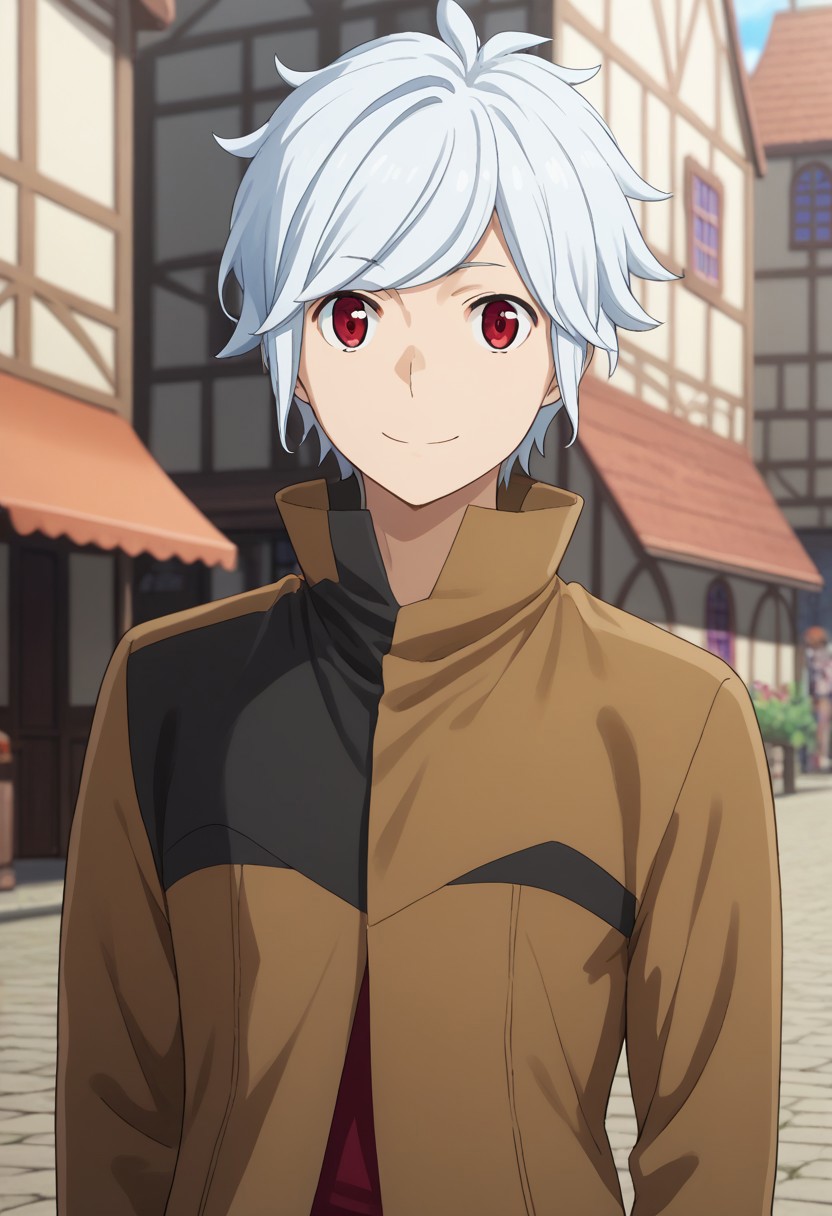 score_9, score_7_up, source_anime 
belcranel, 1boy, male focus, solo, white hair, red eyes, multicolored clothes, multicolored jacket, jacket, brown jacket, black jacket, upper body, smile
outdoor, village, medieval,